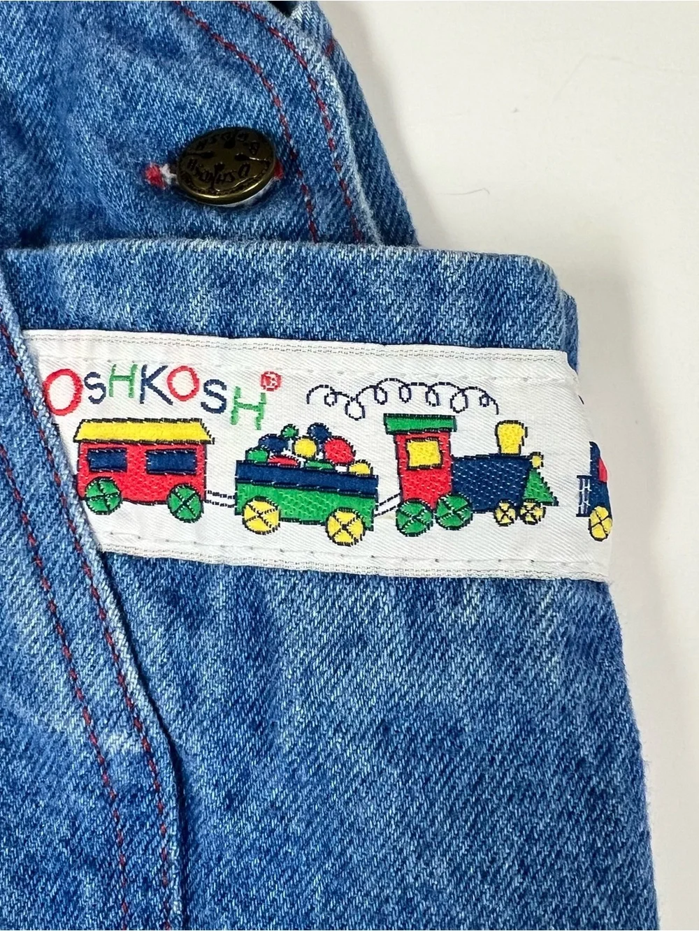 Vintage OshKosh Boys Vestbak Denim Bubble Overalls Trains 18M 90’s